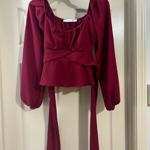 Altar'd State Cropped Burgundy Blouse with Long Sleeves